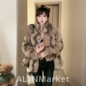 zzwearer c Bit Gold Fashion Winter New Style Fashionable Imitation Fox Fur Environmentally Friendly Mandarin collar Fur Coat for Women