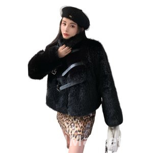 real photo Winter Western Style Petite Superior Leather Buckle Design Sense Imitation Environmentally Friendly Fur Warm Loose Fit Korean Style Coat for Women