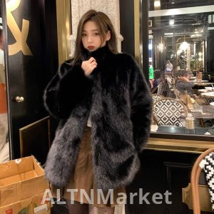 Environmentally Friendly Mink Hair Fur Coat for Women Winter Mandarin collar Imitation Fox Fur Black Noble Young Mid-Length Style Furry Coat