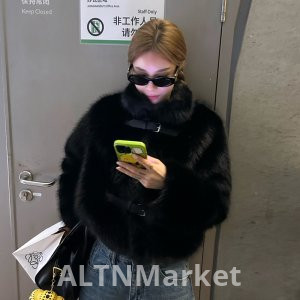 d yangjun Short Style Furry Coat for Women Autumn And Winter Imitation fur coat Pure Black White Match Long Sleeve Belt Buckle The Take