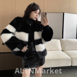 real photo Korean Style Winter New Style Environmentally Friendly Fox Fur Fur Black and white Color Block Coat for Women Slim fit Elegance Socialite Coat