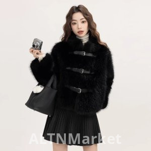 Зимняя элегантность Мандарин воротник с длинным рукавом Пальто для женщин Имитация лисьего меха Пряжка Дизайн Чувство Имитация Экологически чистый мех Меховая короткая куртка