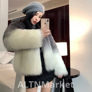 реальное фото Мода Зима Новый Стиль Градиент Цвет Имитация Лисий Мех Шуба Женщины Короткий Длинный Рукав Молодые A Пальто