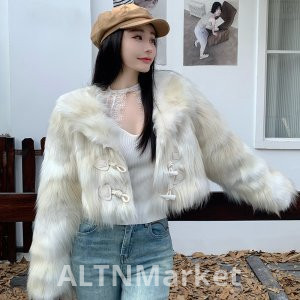 реальное фото Имитация лисьего меха Корейский стиль Рог Пряжка Меховое пальто Новый стиль Взять Свободный Fit Толстые Отворот-Назад Воротник Короткий Стиль Топ