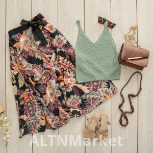 Black midi skirt with white flowers