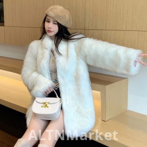 real photo Winter New Style chic Hair Antler Mid-Length Style Mandarin collar Imitation Fox Fur Fur Coat Environmentally Friendly Furry Coat