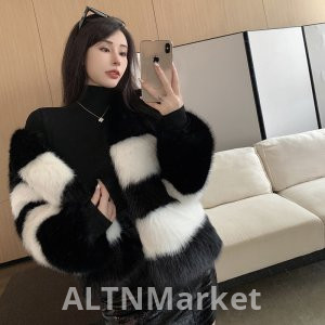 реальное фото Черно-белые горизонтальные полосы Цветной блок Имитация лисы Меховая короткая Стиль Зима Элегантность Экологически чистый Меховое пальто Меховой топ Женщины