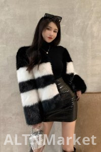 реальное фото Черно-белые горизонтальные полосы Цветной блок Имитация лисы Меховая короткая Стиль Зима Элегантность Экологически чистый Меховое пальто Меховой топ Женщины