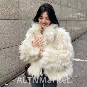Off-белый Экологически чистый мех Меховое пальто для женщин Зима Новый стиль Имитация лисьего меха Мода утолщенный поворот вниз воротник Короткое пальто