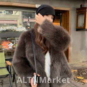 Superior Sense Ash Brown Экологически чистый мех пальто для женщин новый стиль зима корейский стиль короткий стиль круглый вырез имитация лисий мех плюшевый топ