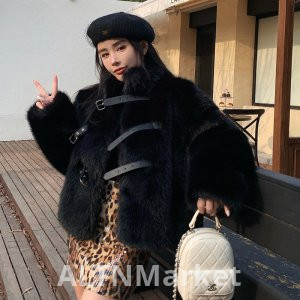 реальное фото Зима Западный Стиль Petite Черный Превосходная Кожа Пряжка Дизайн Чувство Имитация Экологически Чистые Волосы Мех Теплое Пальто для Женщин