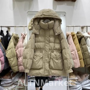 Белая утка вниз талии облегающие похудения вниз куртка женщины зима 2025 новый стиль средней длины Petite капюшоном пальто модные