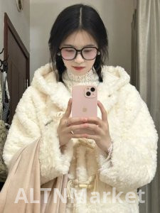 Imitation Rabbit Fur Plush Superior Sense Lamb Wool Women Winter Fur One Horn Buckle Five-Star Buckle Hooded Top Coat