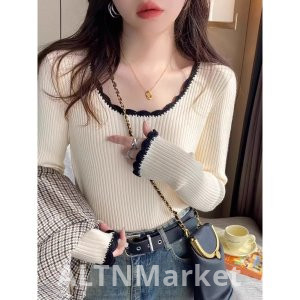 Lace Color Block Base Knit Sweater Women 2025 Autumn New Style Sweater Slim fit Superior Sense Low Neckline Top