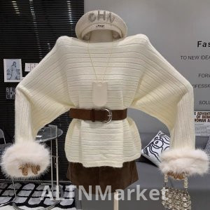 Французский стиль Элегантность Ленивый ветер Облик воротник с плеча Меховой рукав Сплайсинг Дизайн Чувство Шнуровка Талия зажимает Универсальный вязаный свитер женский