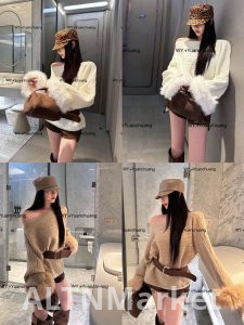 Французский стиль Элегантность Ленивый ветер Облик воротник с плеча Меховой рукав Сплайсинг Дизайн Чувство Шнуровка Талия зажимает Универсальный вязаный свитер женский