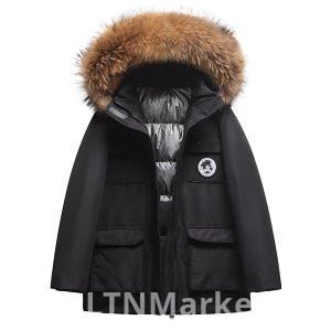 Белая утка вниз 2025 год Новый стиль синий рабочая одежда паркер вниз куртка женская средняя школа длинный стиль енот мех большой меховой воротник зимняя одежда