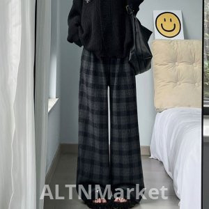 Оригинальный Плед Вязание Волос Ткань Винтаж Шерсть Плед Женщины Широкие Ноги Брюки Осень и Зима Руно На Подкладке Повседневные Брюки