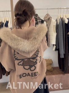 Тонкий стиль флис с подкладкой Гуанчжоу фабрика мультфильм котенок печатных капюшоном меховой воротник пальто для женщин осень и зима кардиган толстовка