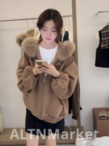 Тонкий стиль флис с подкладкой Гуанчжоу фабрика мультфильм котенок печатных капюшоном меховой воротник пальто для женщин осень и зима кардиган толстовка