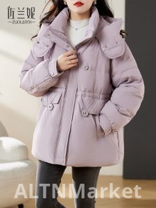 Светло-фиолетовый Petite Средний пуховик Женщины Зима 2025 Новый стиль Белый утка вниз утолщенный Свободный Fit Корейский стиль Мандарин воротник