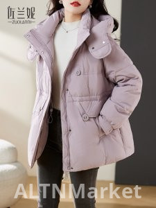 Светло-фиолетовый Petite Средний пуховик Женщины Зима 2025 Новый стиль Белый утка вниз утолщенный Свободный Fit Корейский стиль Мандарин воротник