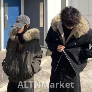 Country Trendy Seat Mountain Carving Plush Hooded Cotton Padded Jacket Women Winter New Style Cotton-Padded Jacket American Style Loose Fit Cotton Top Men Padded Coat