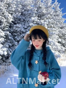 2025 Весна и осень Новый стиль сладкий Луна и звезды рог пряжкой небо синий цвет шерстяное пальто женщин дизайн чувство капюшоном похудение мясо пальто