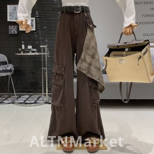 Корейский Стиль Винтаж Ниша Горячая Девушка Плед Сплайсинг Карман Дизайн Плотно Свободный Fit Универсальный Мода Джинсовая Рабочая Одежда Длинные Брюки Женщины