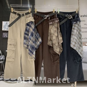 Корейский Стиль Винтаж Ниша Горячая Девушка Плед Сплайсинг Карман Дизайн Плотно Свободный Fit Универсальный Мода Джинсовая Рабочая Одежда Длинные Брюки Женщины