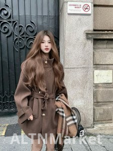 Осень и зима носить взять Хань серии Мандарин воротник талии сжатия похудения Кофе цвет шерстяное пальто женщин 2025 Новый стиль шерстяное пальто