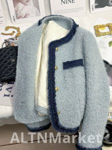 Подкладка зарядка бархат утолщенный сплайсинг синий Шанель стиль французский стиль короткая куртка осень и зима новый стиль элегантность превосходное чувство топ