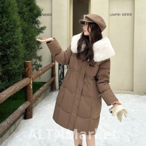 Белый утиный пух Цвет кофе Пуховик Женщины 2025 Зима Новый Стиль Свободный Fit Плюс Размер Утолщенный Отворачивающийся Воротник Большой Меховой Воротник Пуховик Пальто