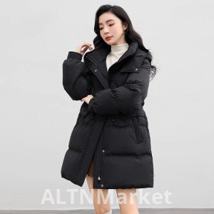 Белая утка вниз 2025 осень и зима новый стиль средней длины пуховик женщины мода случайный утолщенный теплый талии зажимать похудения пальто