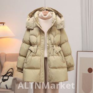 Белая утка вниз 2025 осень и зима новый стиль средней длины пуховик женщины мода случайный утолщенный теплый талии зажимать похудения пальто