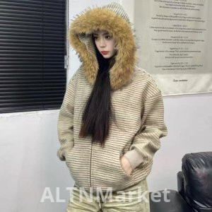 De Velvet Fabric Fur collar Detachable High Street Stripes Fur collar Fleece-Lined and Thickened Design Sense Niche Zipper Coat