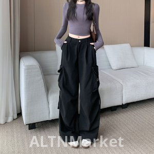 реальное фото Новый Стиль Новый Стиль Письмо Мульти Карман Черный Карго Брюки Женщины Прямая Нога Куо Нога Свободный Fit Американский Стиль Винтаж Брюки