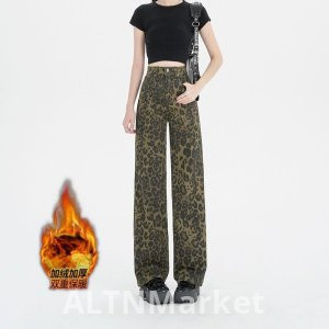real photo American Style Leopard Print Fleece-Lined and Thickened Wide-leg jeans Women Winter High Waist Slimming Loose Fit Straight Pants