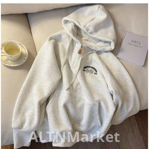 Официальный рисунок полу-молнии капюшоном толстовка женщины весна и осень зима тонкий стиль флис с подкладкой свободный Fit корейский стиль вышивка с длинным рукавом топ пальто