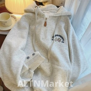 Официальный рисунок полу-молнии капюшоном толстовка женщины весна и осень зима тонкий стиль флис с подкладкой свободный Fit корейский стиль вышивка с длинным рукавом топ пальто