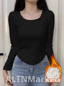 Официальный Рисунок Де Бархат Осень и Зима Флис Подкладка u Воротник База Рубашка Женщины Похудение Положительный Плечо Короткий Стиль Топ Женщины Внутри Взять Белый С Длинным Рукавом Футболка