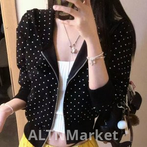 Original Embroidery Cool Sister Super Love Polka Dot Shirt American Style Minimalist Long Sleeve Hooded Cardigan Exquisite