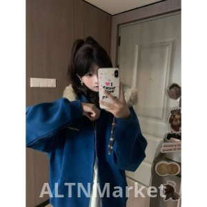 2025 Новый Стиль Письмо Вышивка Мех Воротник С Капюшоном Синий Толстовка Женщины Осень и Зима Руно На Подкладке Ленивый Ветер Свободный Fit Кардиган Пальто