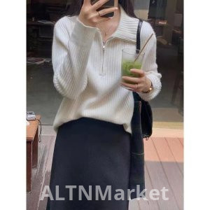 2025 Осень Новый Стиль Молния A Свитер Женщины Свободный Fit Верхняя Одежда Тонкий Стиль База Западный Стиль Топ