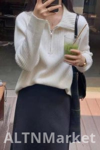 2025 Осень Новый Стиль Молния A Свитер Женщины Свободный Fit Верхняя Одежда Тонкий Стиль База Западный Стиль Топ