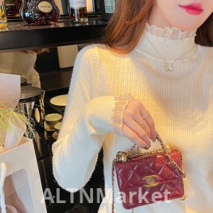 Шанель Стиль Полувысокий Воротник Внутри Взять Базовая Рубашка Женщины 2025 Осень Новый Стиль Жемчуг Тонкий Стиль Внутри Взять Кружева Трикотажные Топы