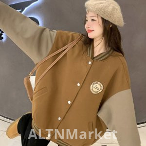 2025 Autumn and Winter American Style Vintage Baseball uniform New Style Loose Fit Fashion Color Block Splicing Fleece-Lined and Thickened Coat for Women Trendy