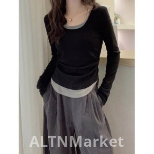 Осень Slim fit Похудение Блок Цвет Лиловый Две Части С Длинным Рукавом Футболка Женщины Минималистский Casual Горячая Девушка Положительный Плечо Одежда