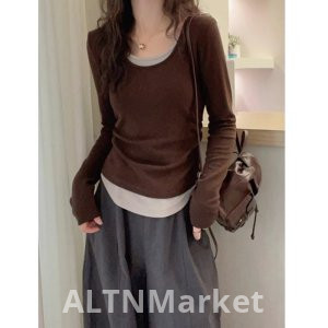 Осень Slim fit Похудение Блок Цвет Лиловый Две Части С Длинным Рукавом Футболка Женщины Минималистский Casual Горячая Девушка Положительный Плечо Одежда