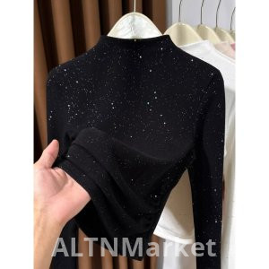 Autumn and Winter Half-high Collar De Velvet Base Shirt Women 2025 New Style Sequins Wrinkles Soft Glutinous Western Style Inside Take Shirt Superior Sense